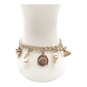 Multi Charm Shoe Heart Pearl Chain Bracelet Foldover Closure Gold Tone Vintage